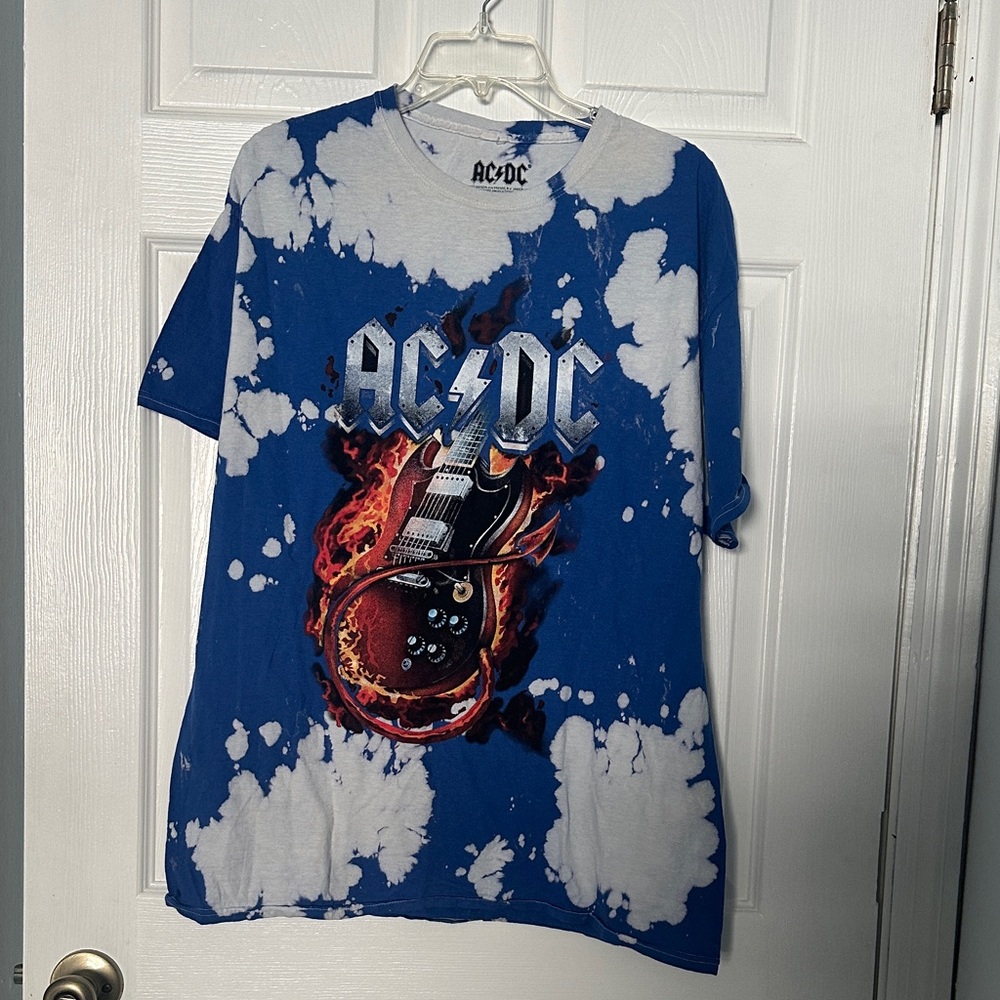 AC/DC  Tee in Blue and White with Fiery Guitar Design. Size L